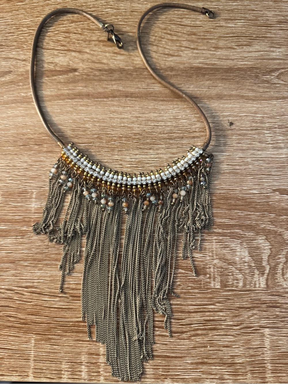 Boho Fringe Statement Necklace in Taupe and Gold